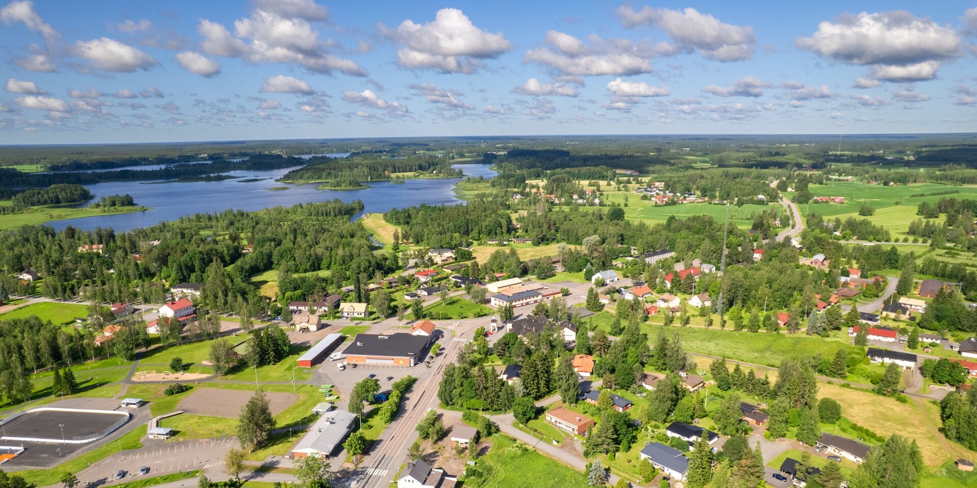 Aerial view of the center of Jämijärvi on a sunny summer day.