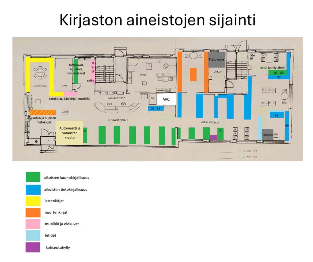 kirjaston pohjapiirros, johon on eri väreillä merkitty erilaisten aineistojen sijainti